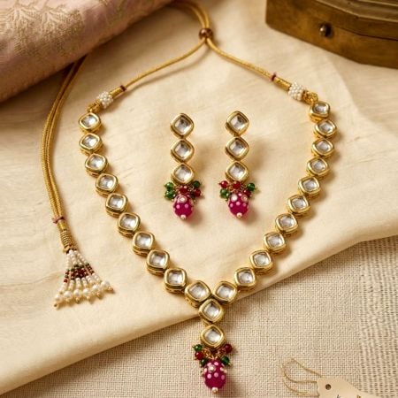 Handcrafted Royal Kundan Necklace Set with Pink Bead Drops